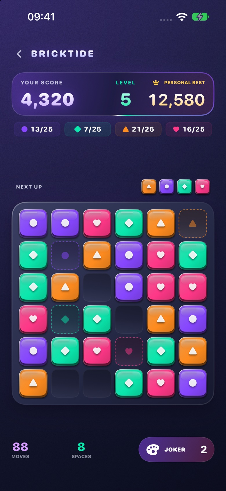 Bricktide gameplay: colourful glossy bricks, colour collection goals and a preview of the next bricks.